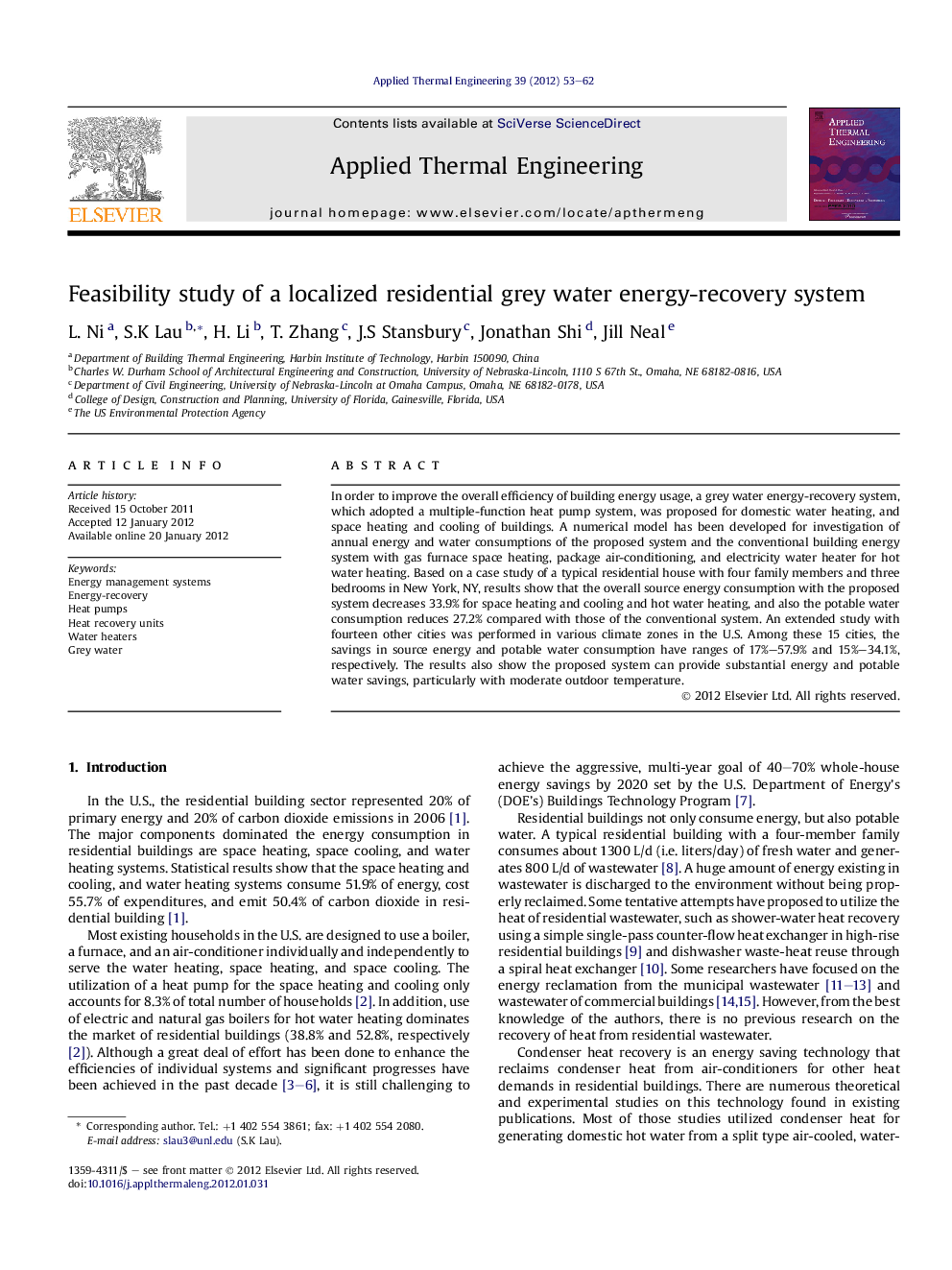 Feasibility study of a localized residential grey water energy-recovery system