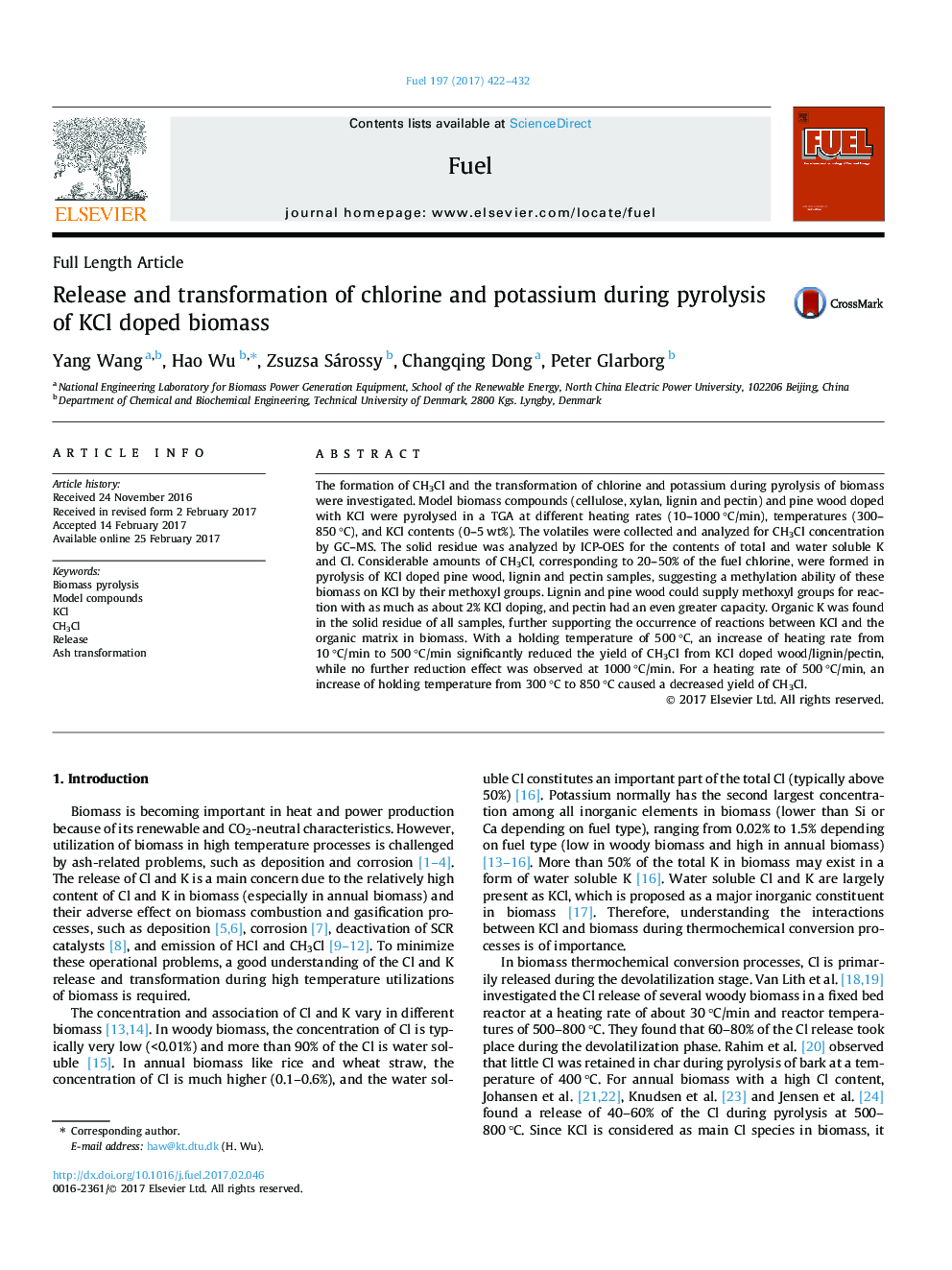 Release and transformation of chlorine and potassium during pyrolysis of KCl doped biomass