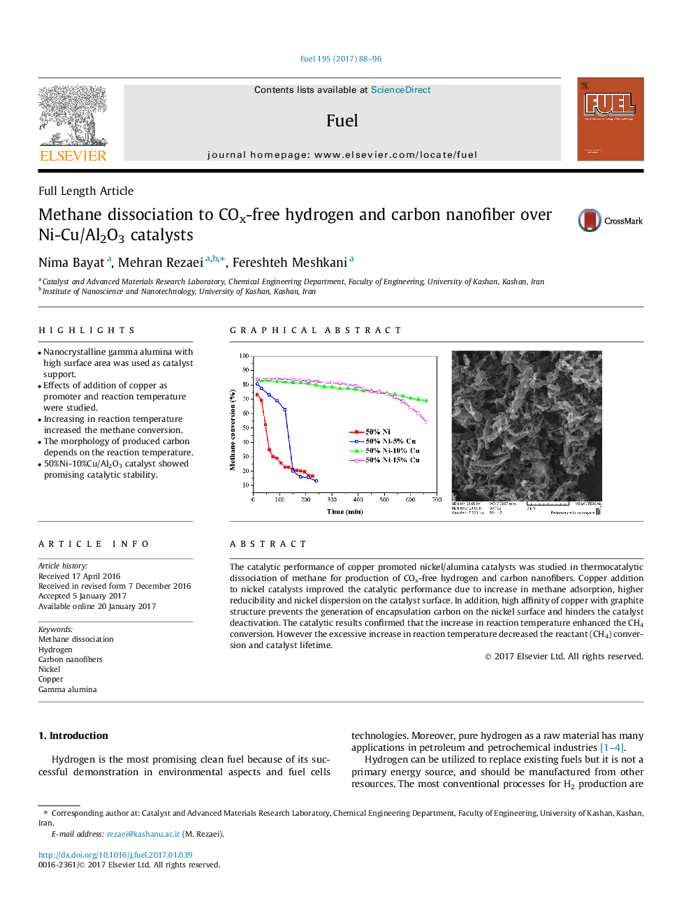 Methane dissociation to COx-free hydrogen and carbon nanofiber over Ni-Cu/Al2O3 catalysts