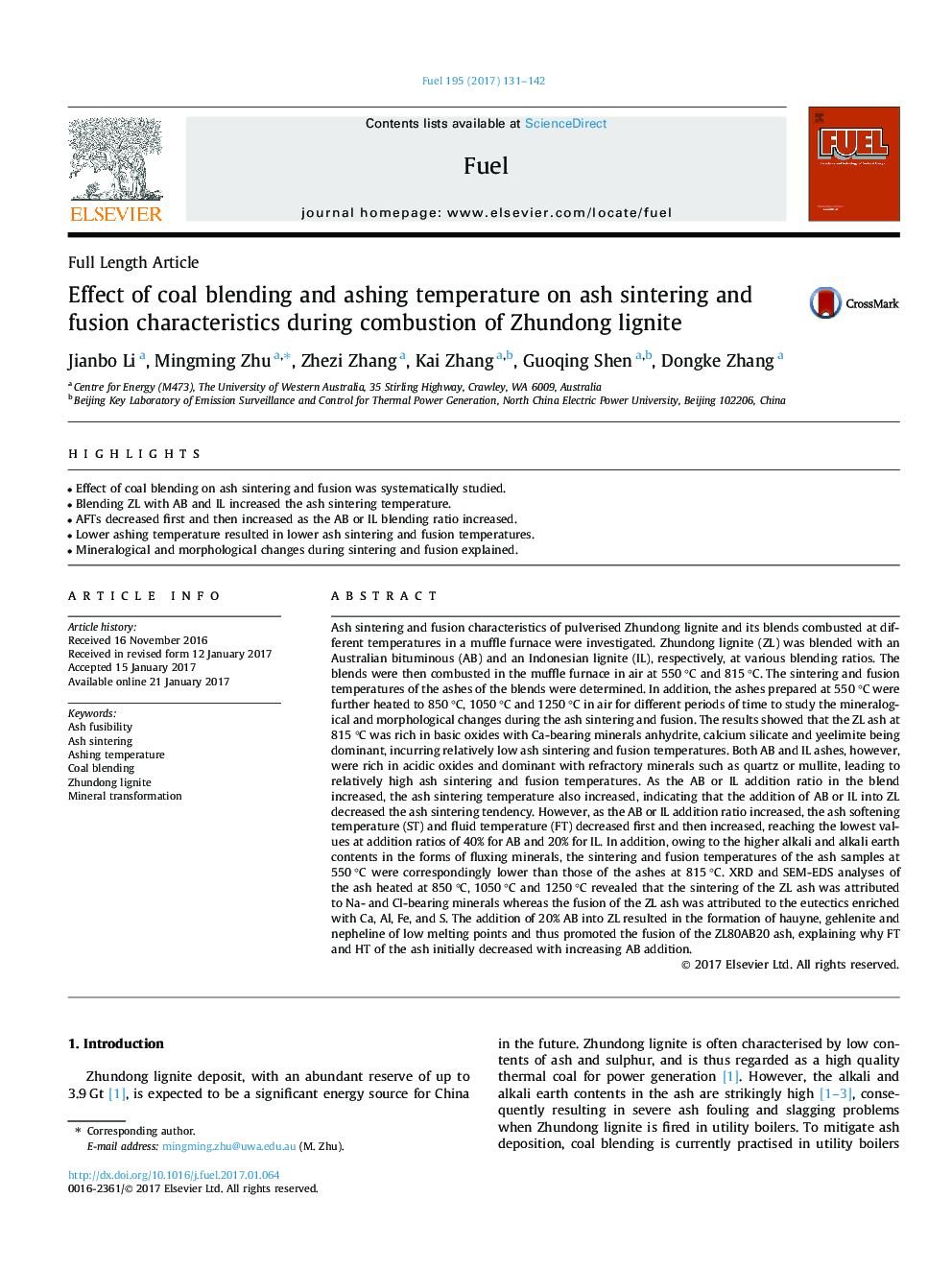 Effect of coal blending and ashing temperature on ash sintering and fusion characteristics during combustion of Zhundong lignite