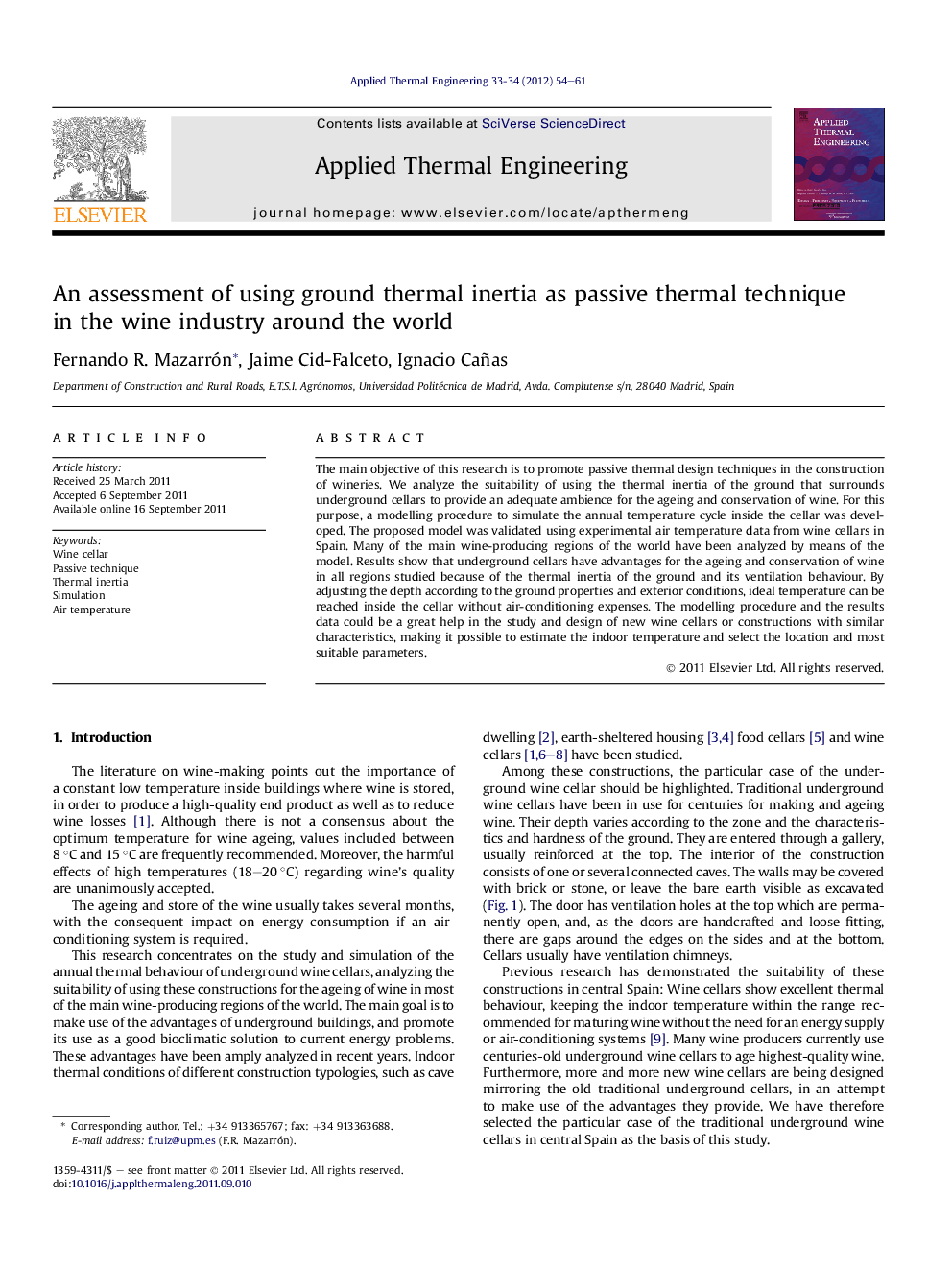 An assessment of using ground thermal inertia as passive thermal technique in the wine industry around the world