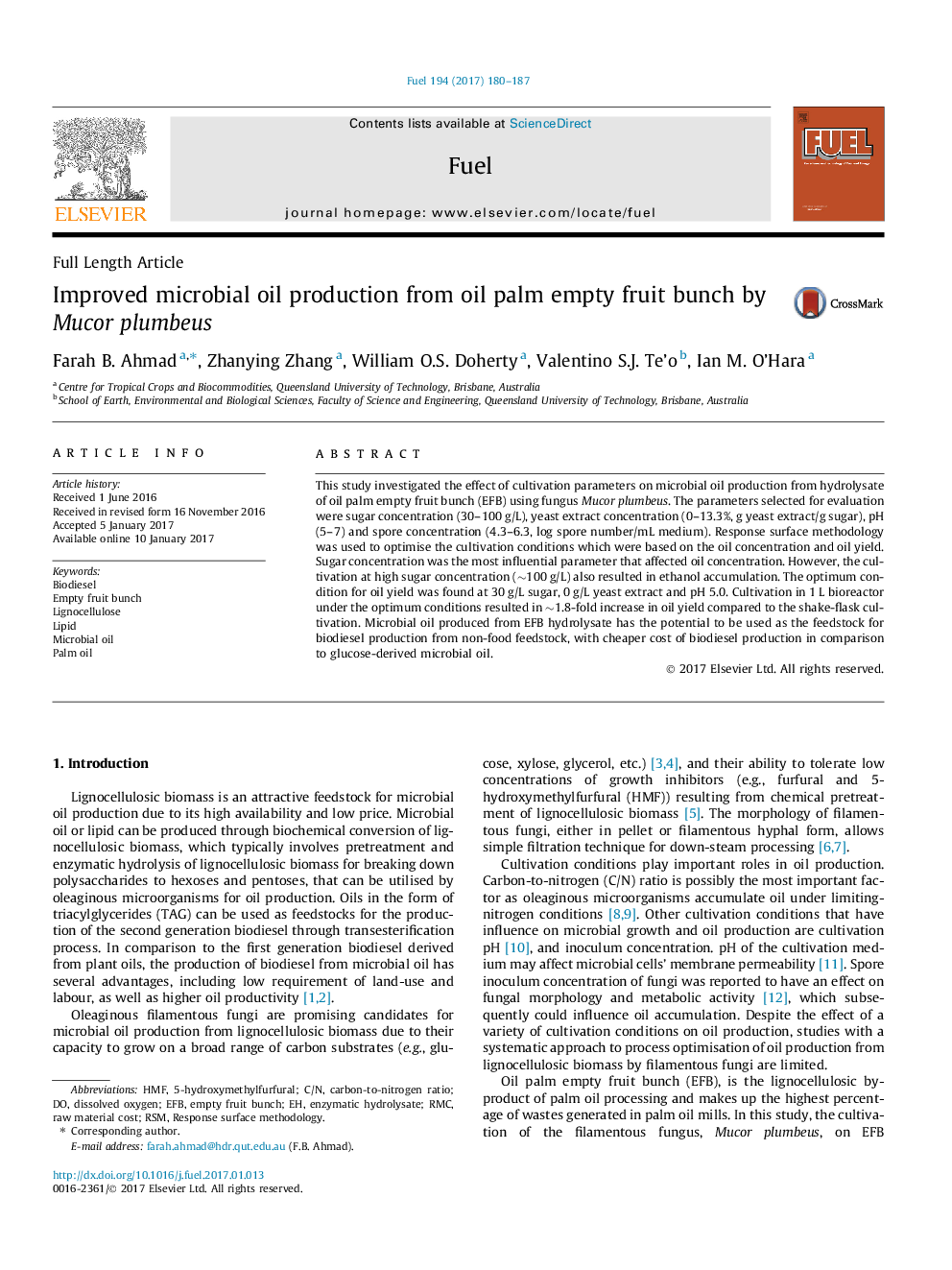 Improved microbial oil production from oil palm empty fruit bunch by Mucor plumbeus