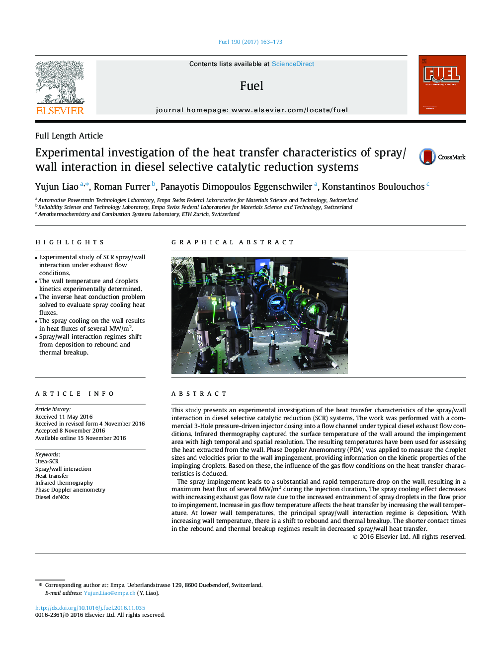 Experimental investigation of the heat transfer characteristics of spray/wall interaction in diesel selective catalytic reduction systems