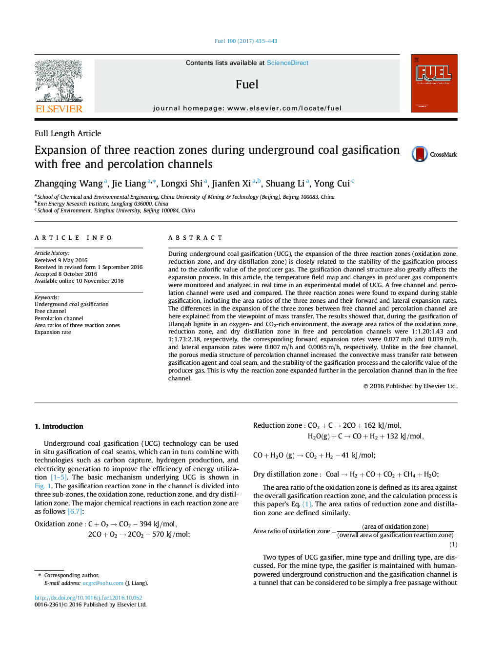 Expansion of three reaction zones during underground coal gasification with free and percolation channels