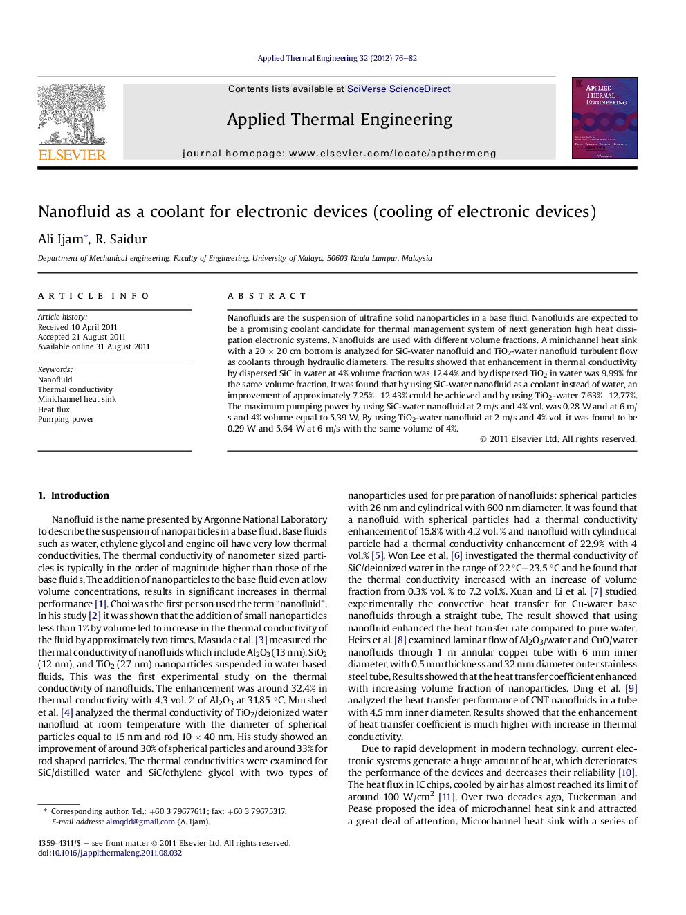 Nanofluid as a coolant for electronic devices (cooling of electronic devices)