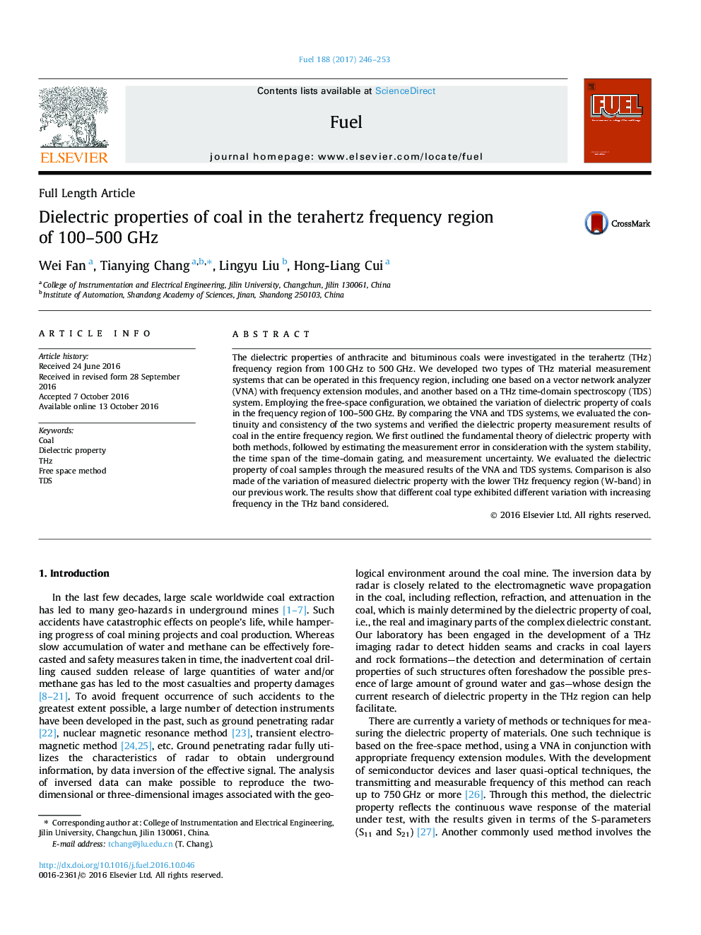 Dielectric properties of coal in the terahertz frequency region of 100-500 GHz