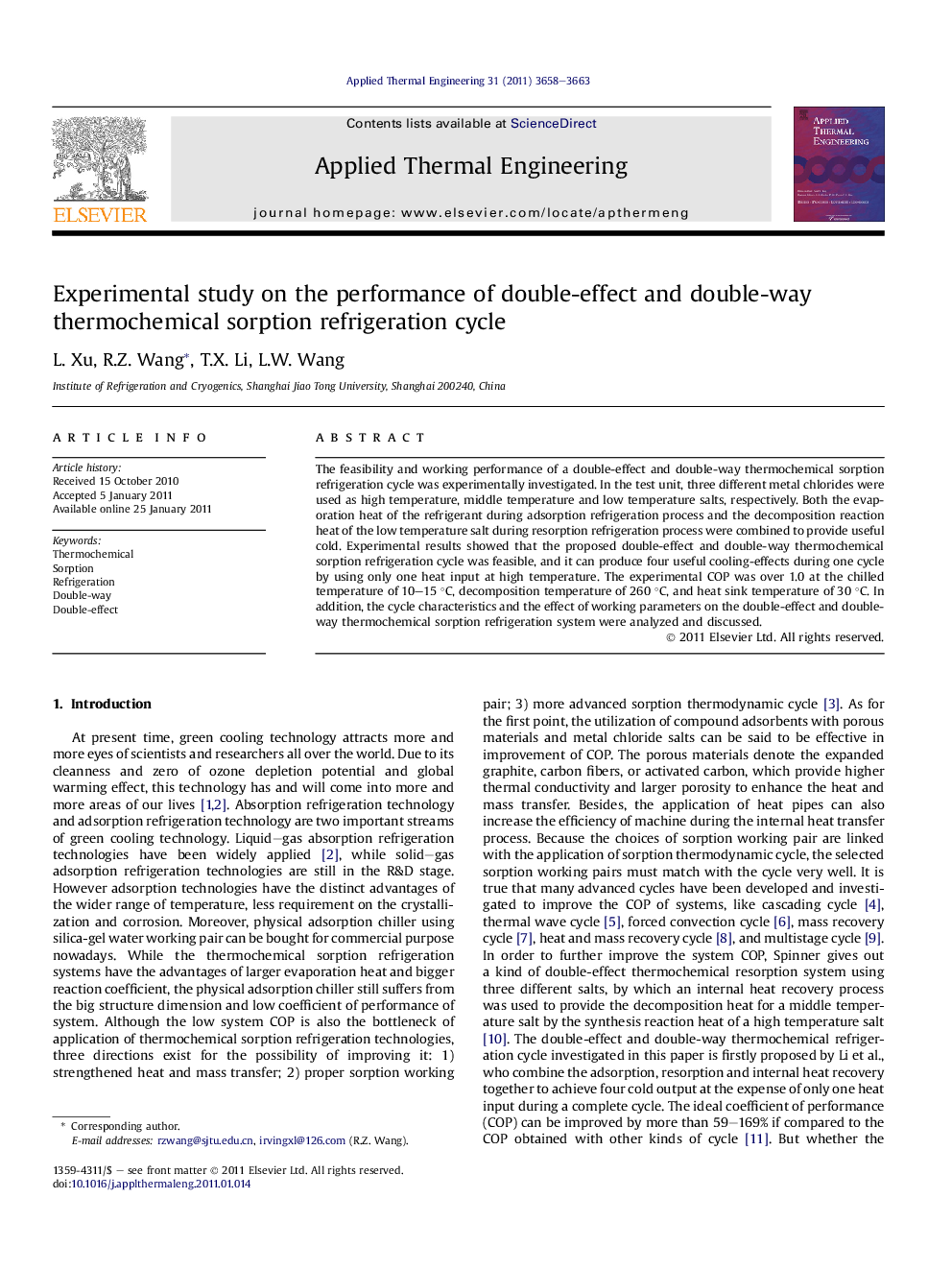 Experimental study on the performance of double-effect and double-way thermochemical sorption refrigeration cycle