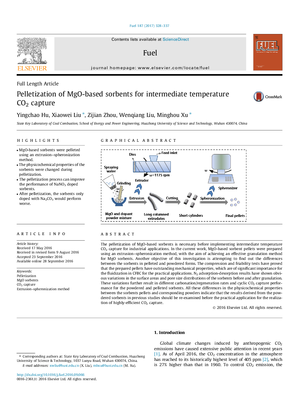 Pelletization of MgO-based sorbents for intermediate temperature CO2 capture