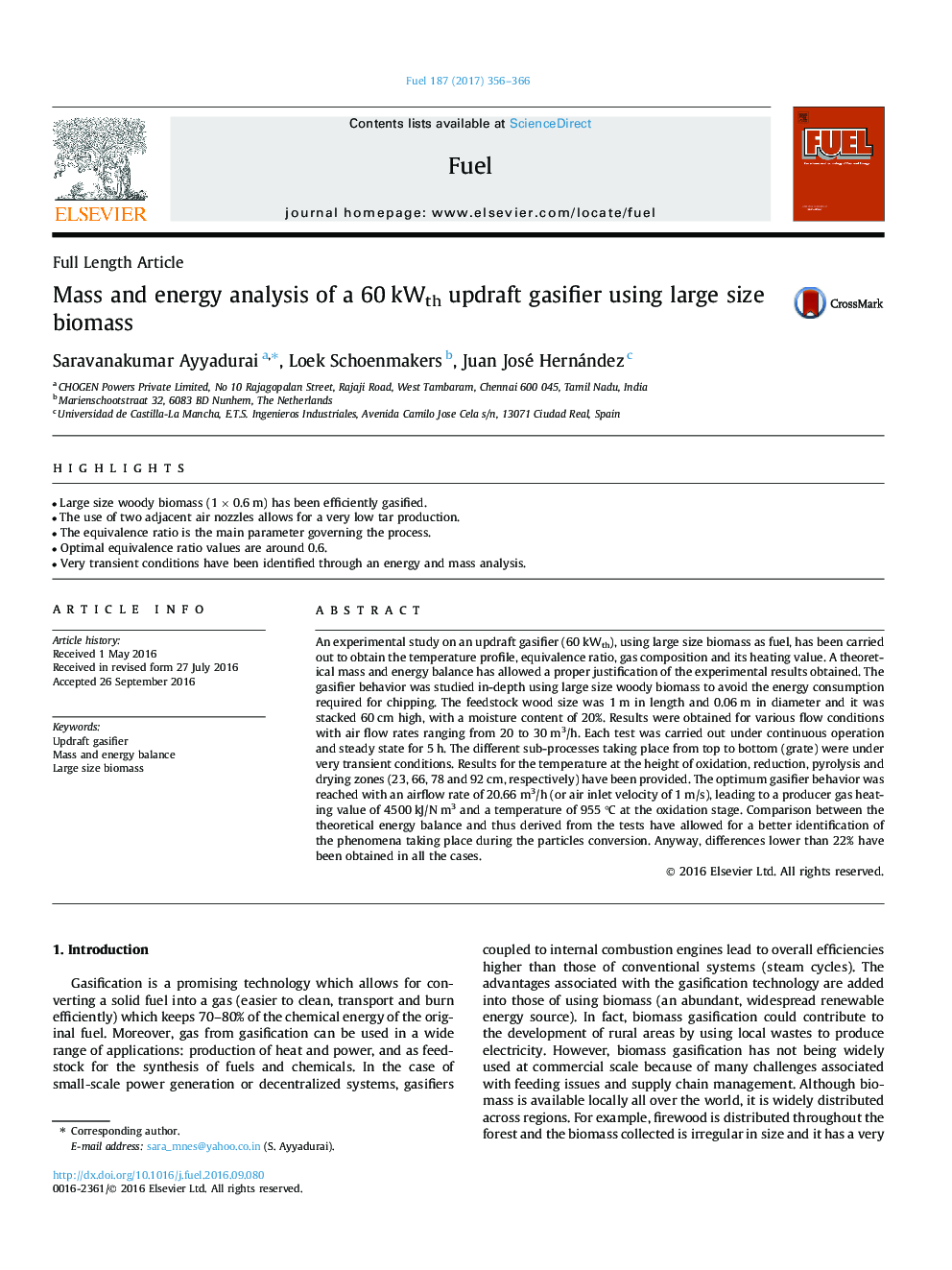 Mass and energy analysis of a 60Â kWth updraft gasifier using large size biomass