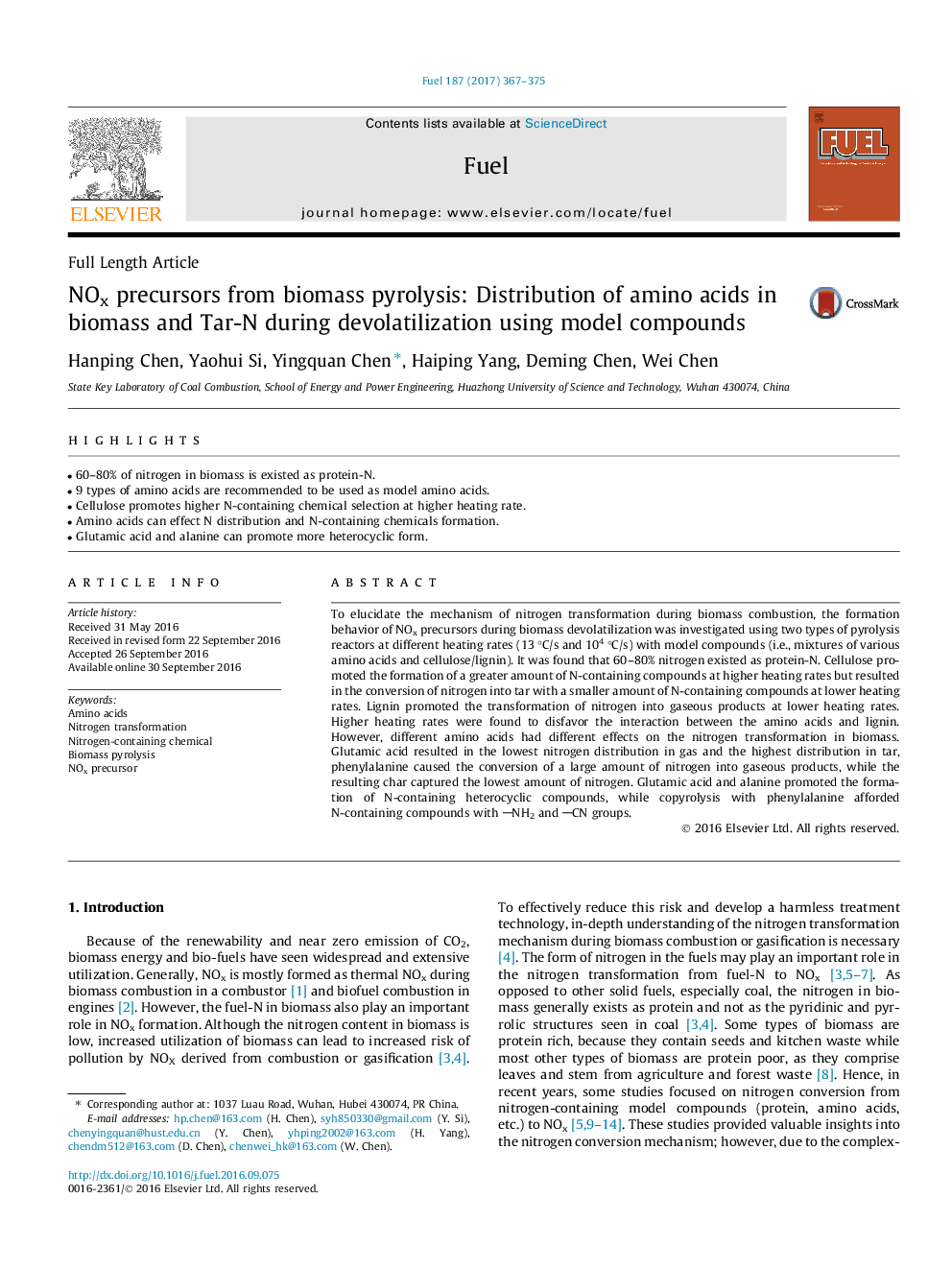 NOx precursors from biomass pyrolysis: Distribution of amino acids in biomass and Tar-N during devolatilization using model compounds