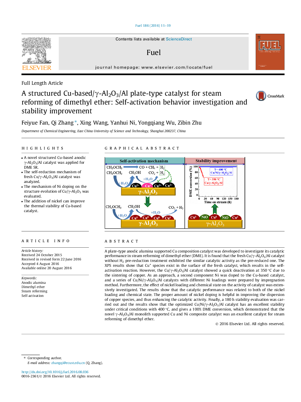 A structured Cu-based/Î³-Al2O3/Al plate-type catalyst for steam reforming of dimethyl ether: Self-activation behavior investigation and stability improvement