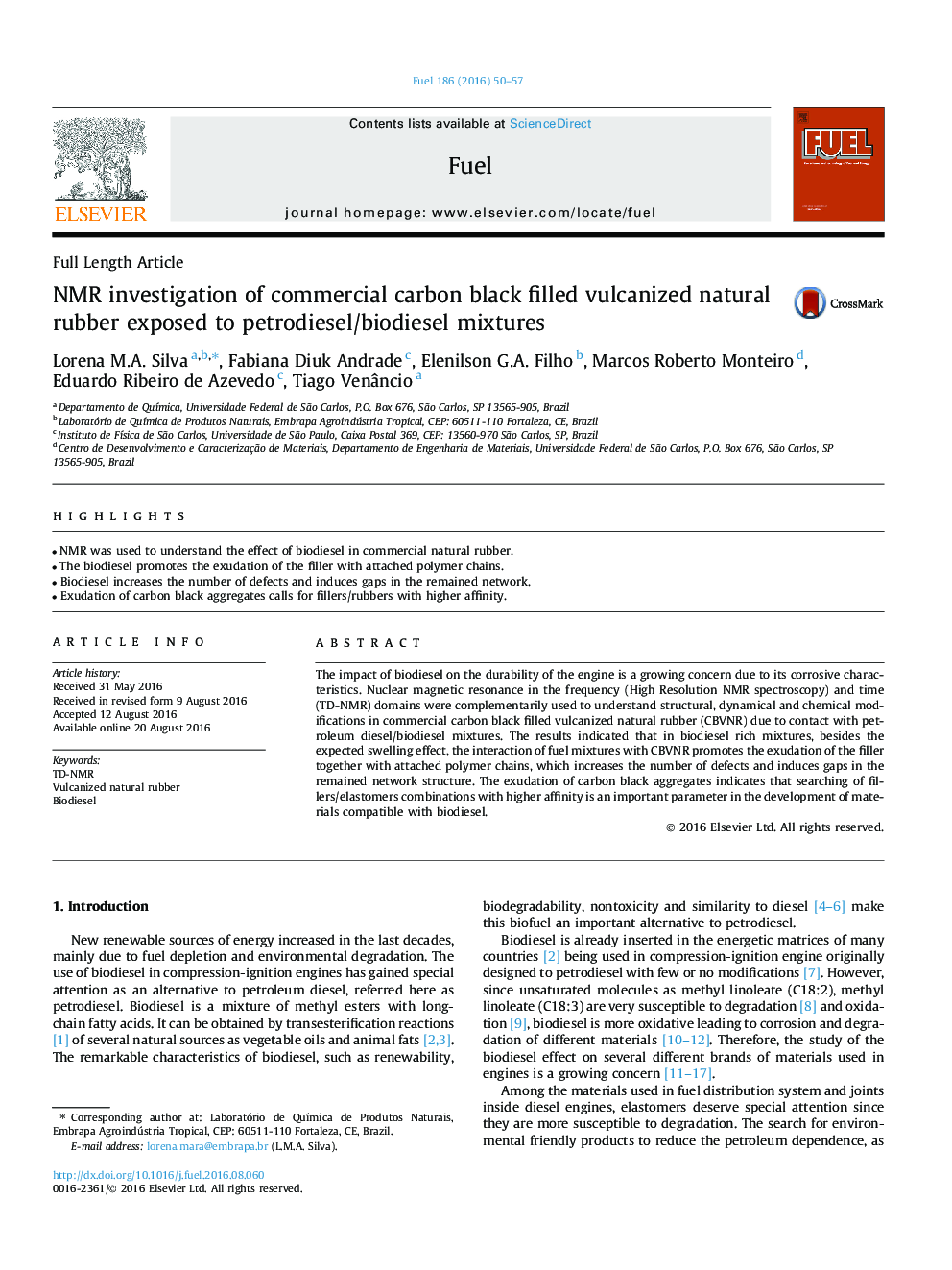 NMR investigation of commercial carbon black filled vulcanized natural rubber exposed to petrodiesel/biodiesel mixtures