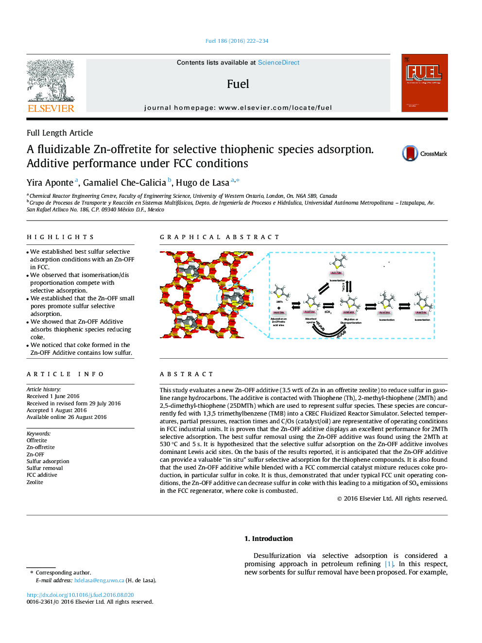 A fluidizable Zn-offretite for selective thiophenic species adsorption. Additive performance under FCC conditions