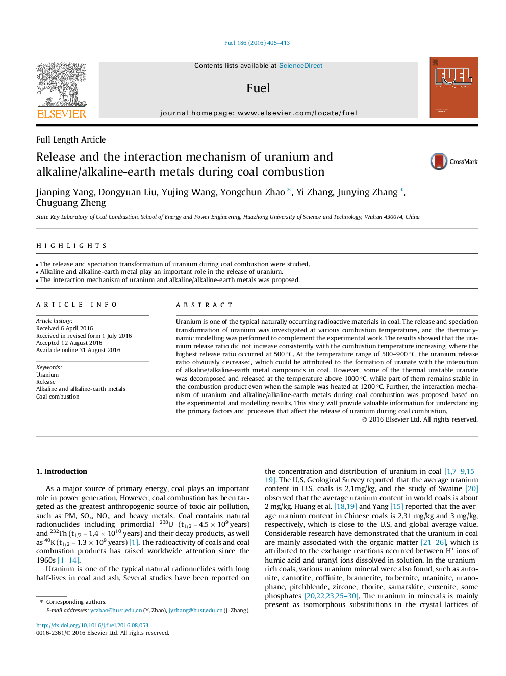 Release and the interaction mechanism of uranium and alkaline/alkaline-earth metals during coal combustion