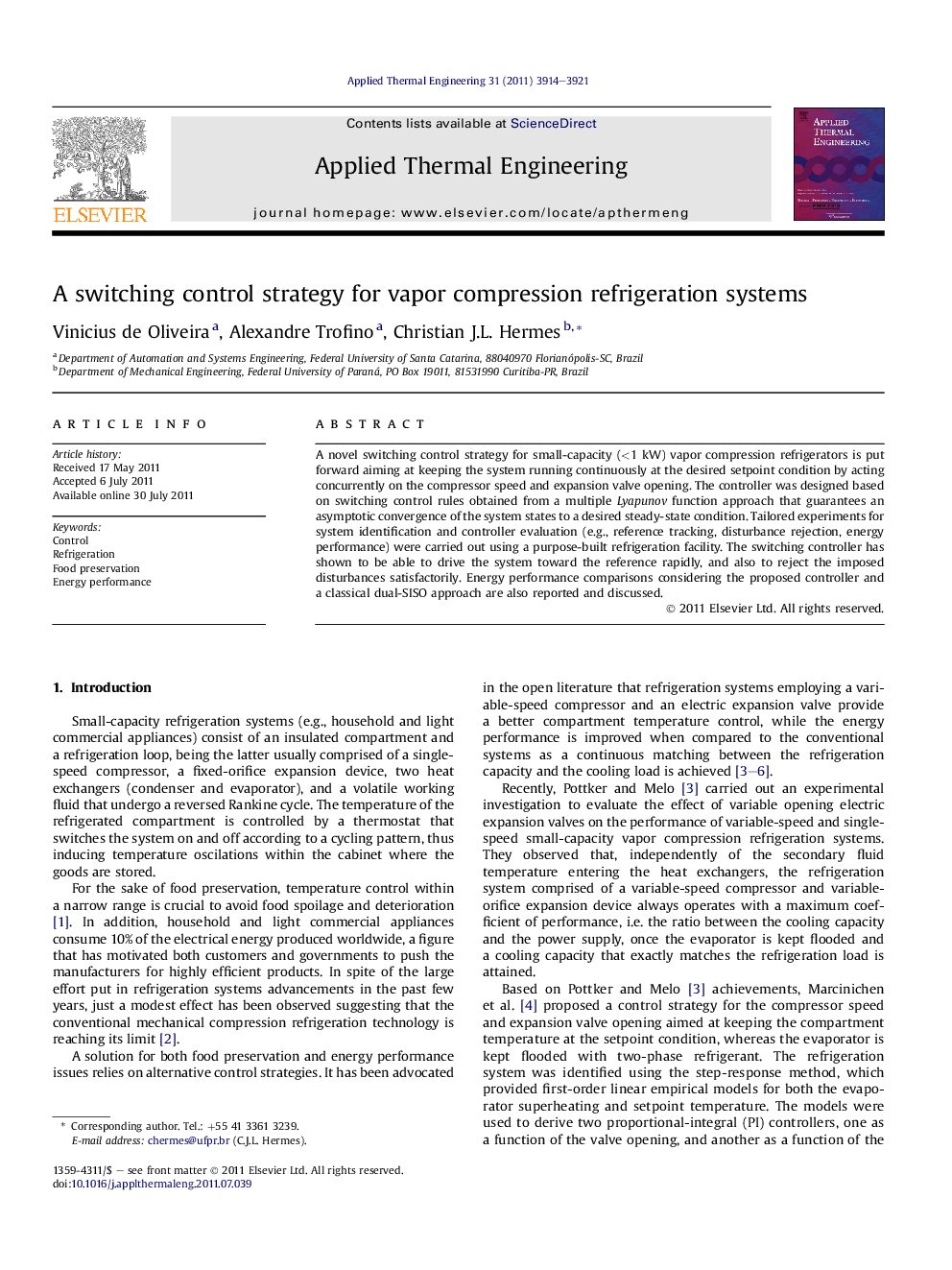 A switching control strategy for vapor compression refrigeration systems