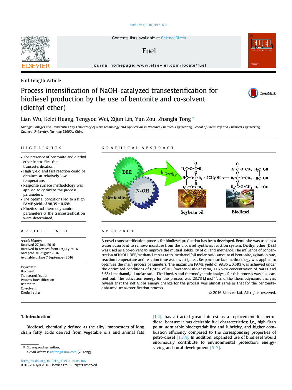 Process intensification of NaOH-catalyzed transesterification for biodiesel production by the use of bentonite and co-solvent (diethyl ether)