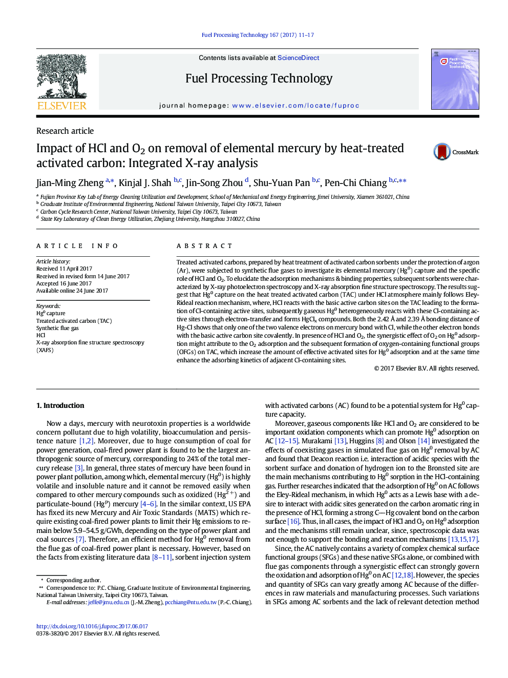 Impact of HCl and O2 on removal of elemental mercury by heat-treated activated carbon: Integrated X-ray analysis