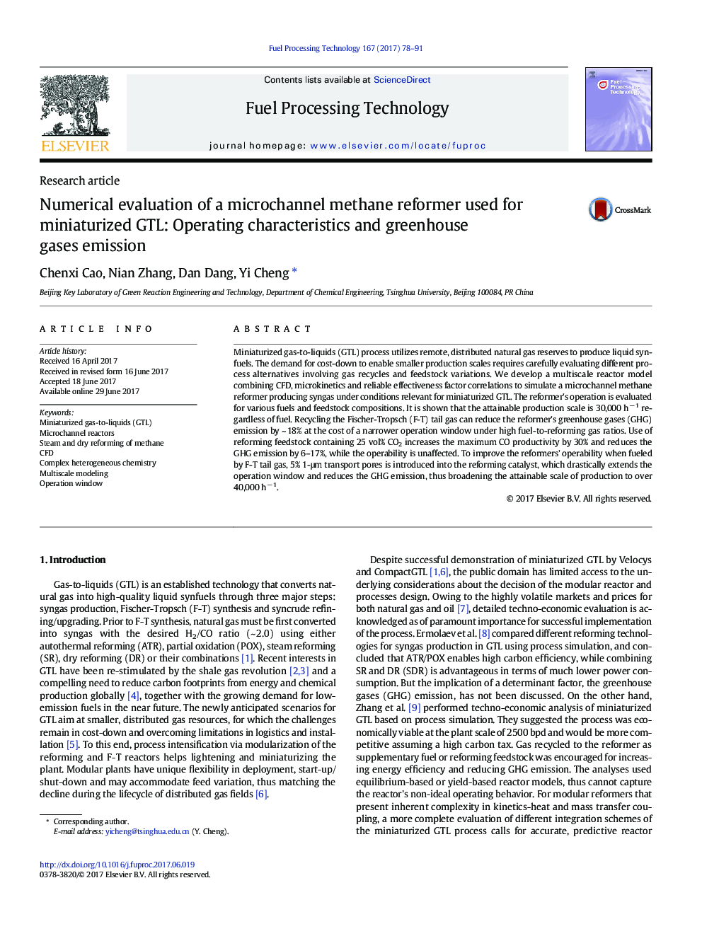 Numerical evaluation of a microchannel methane reformer used for miniaturized GTL: Operating characteristics and greenhouse gases emission