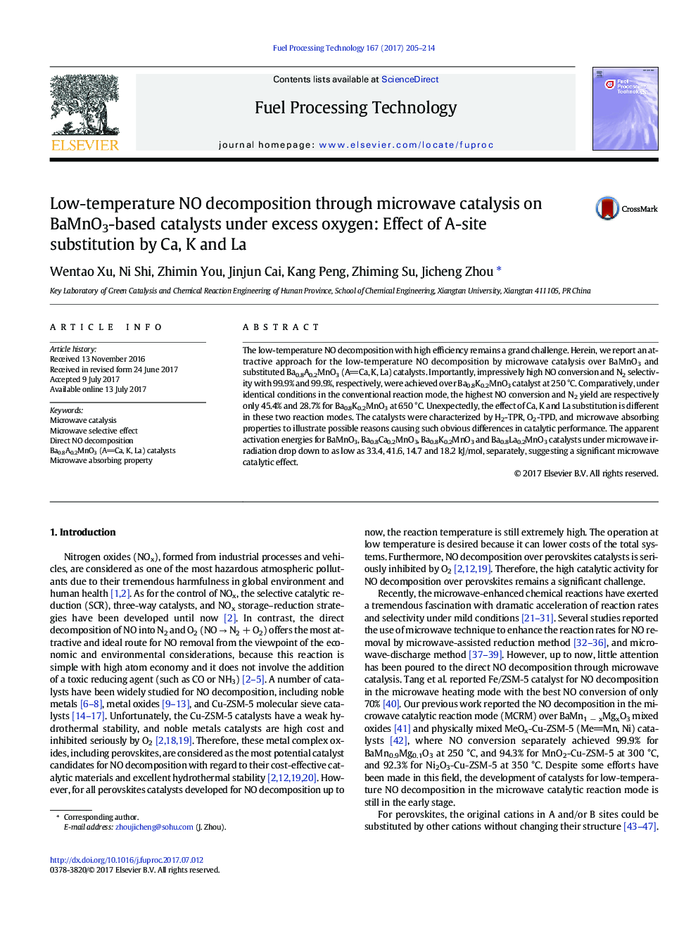 Low-temperature NO decomposition through microwave catalysis on BaMnO3-based catalysts under excess oxygen: Effect of A-site substitution by Ca, K and La