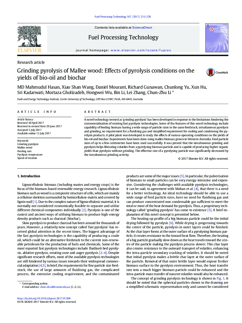 Grinding pyrolysis of Mallee wood: Effects of pyrolysis conditions on the yields of bio-oil and biochar