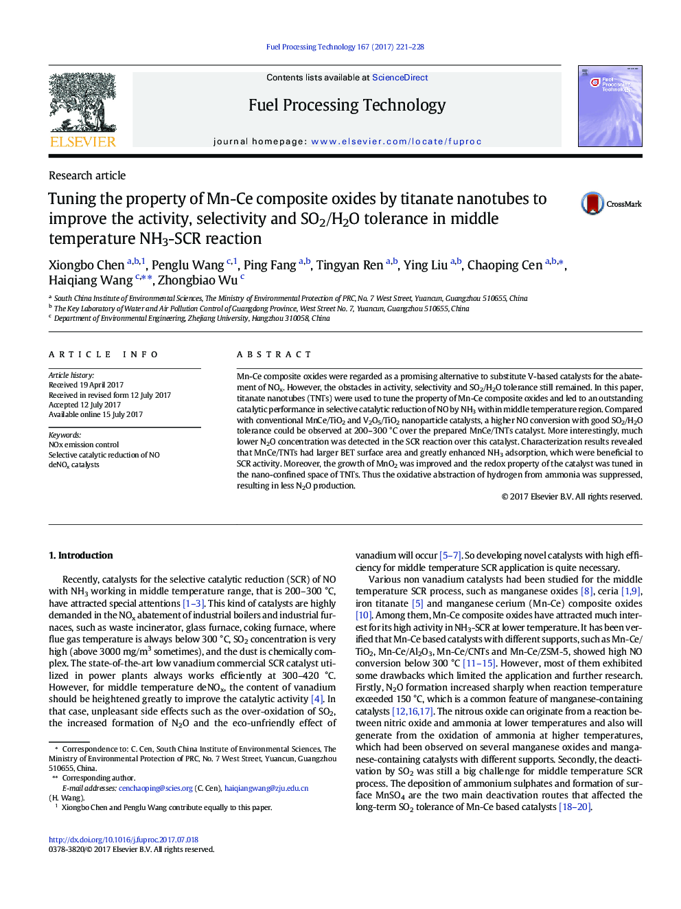 Tuning the property of Mn-Ce composite oxides by titanate nanotubes to improve the activity, selectivity and SO2/H2O tolerance in middle temperature NH3-SCR reaction