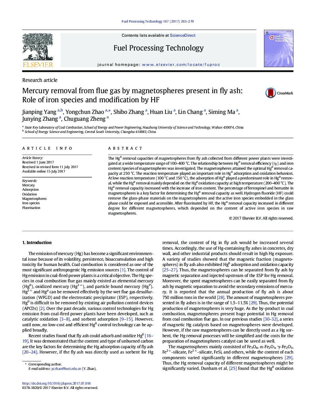 Mercury removal from flue gas by magnetospheres present in fly ash: Role of iron species and modification by HF