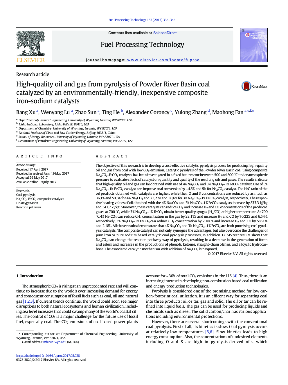 High-quality oil and gas from pyrolysis of Powder River Basin coal catalyzed by an environmentally-friendly, inexpensive composite iron-sodium catalysts