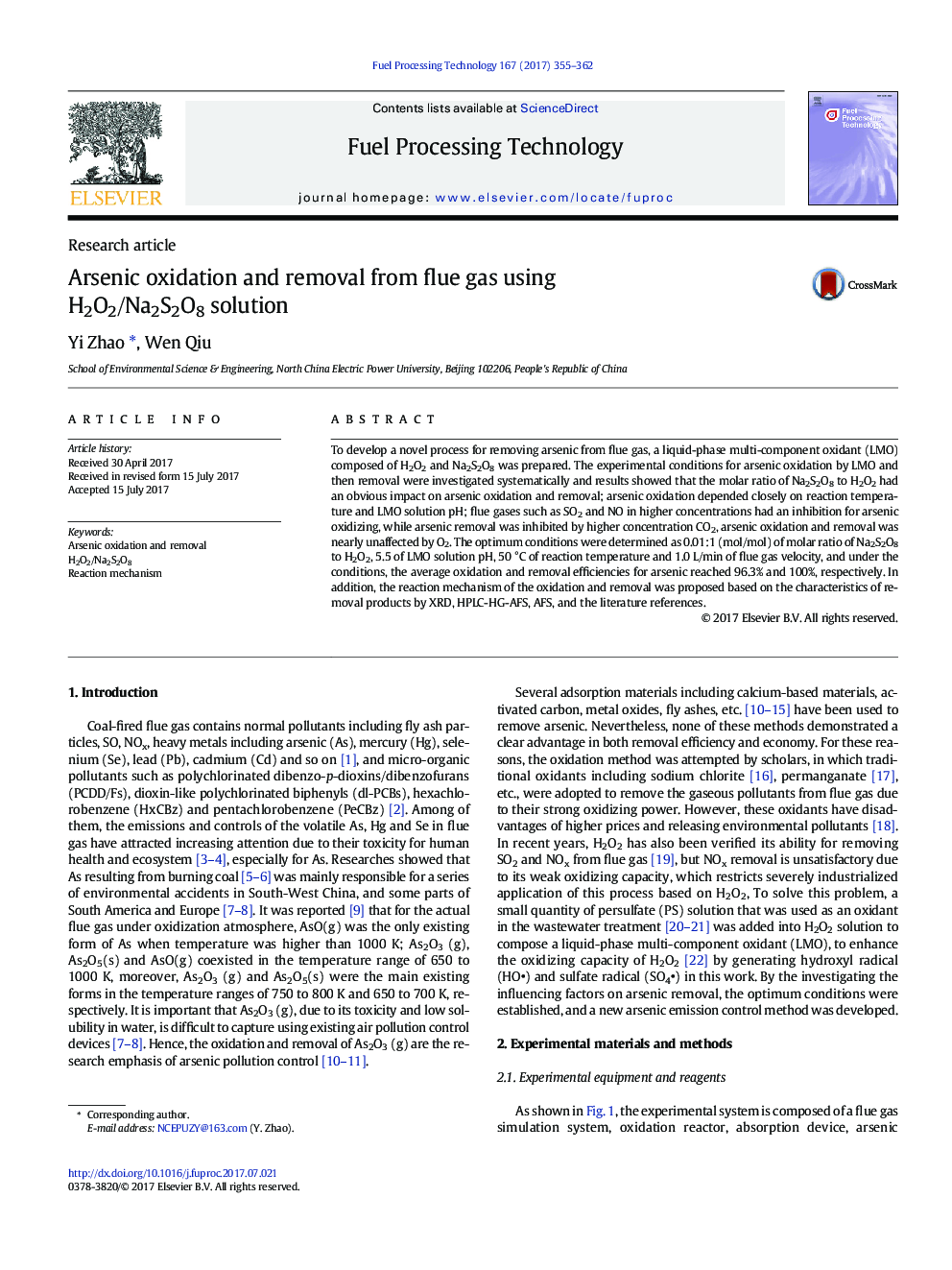 Arsenic oxidation and removal from flue gas using H2O2/Na2S2O8 solution