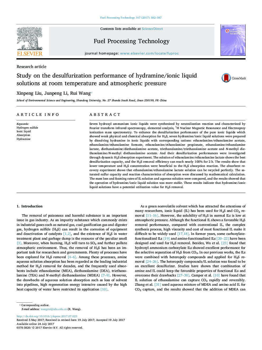 Study on the desulfurization performance of hydramine/ionic liquid solutions at room temperature and atmospheric pressure