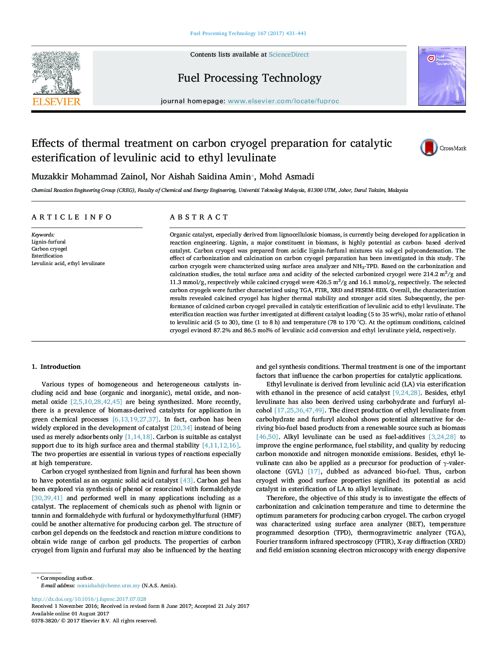 Effects of thermal treatment on carbon cryogel preparation for catalytic esterification of levulinic acid to ethyl levulinate