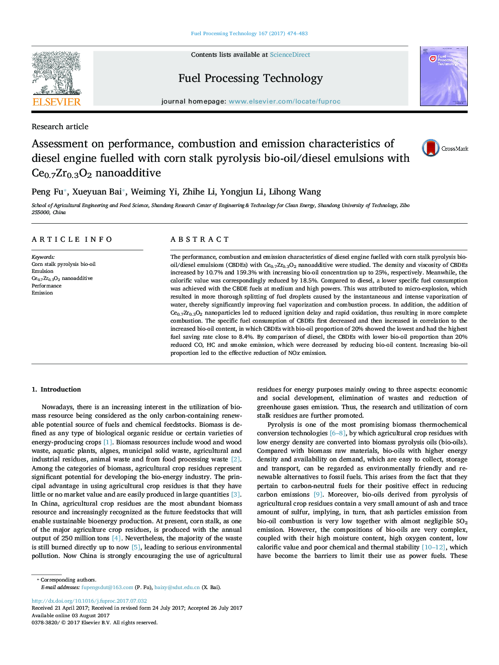 Assessment on performance, combustion and emission characteristics of diesel engine fuelled with corn stalk pyrolysis bio-oil/diesel emulsions with Ce0.7Zr0.3O2 nanoadditive