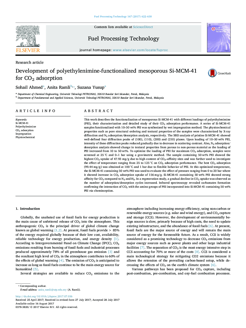 Development of polyethylenimine-functionalized mesoporous Si-MCM-41 for CO2 adsorption