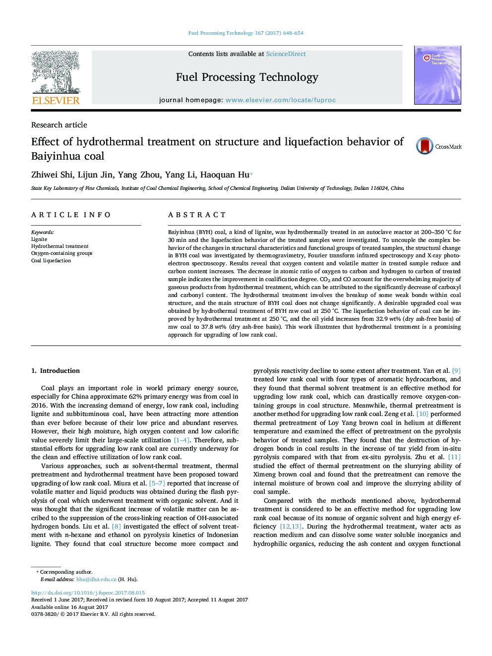 Effect of hydrothermal treatment on structure and liquefaction behavior of Baiyinhua coal