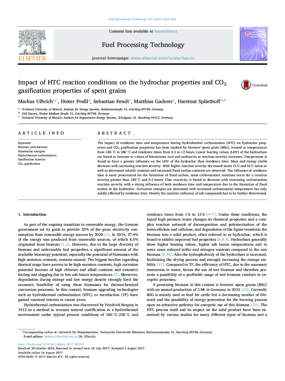 Impact of HTC reaction conditions on the hydrochar properties and CO2 gasification properties of spent grains