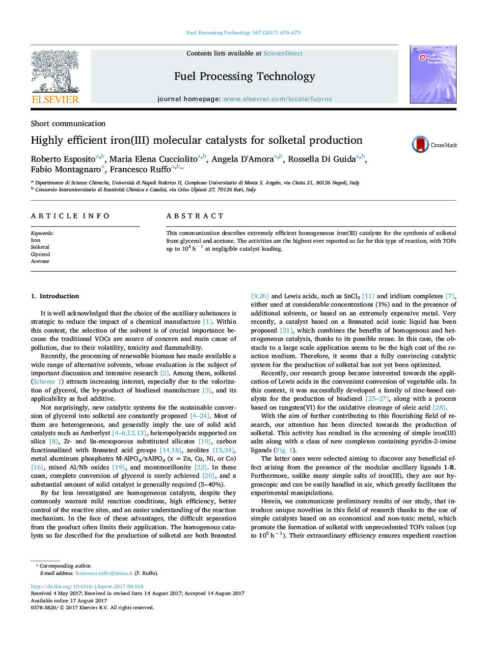 Highly efficient iron(III) molecular catalysts for solketal production