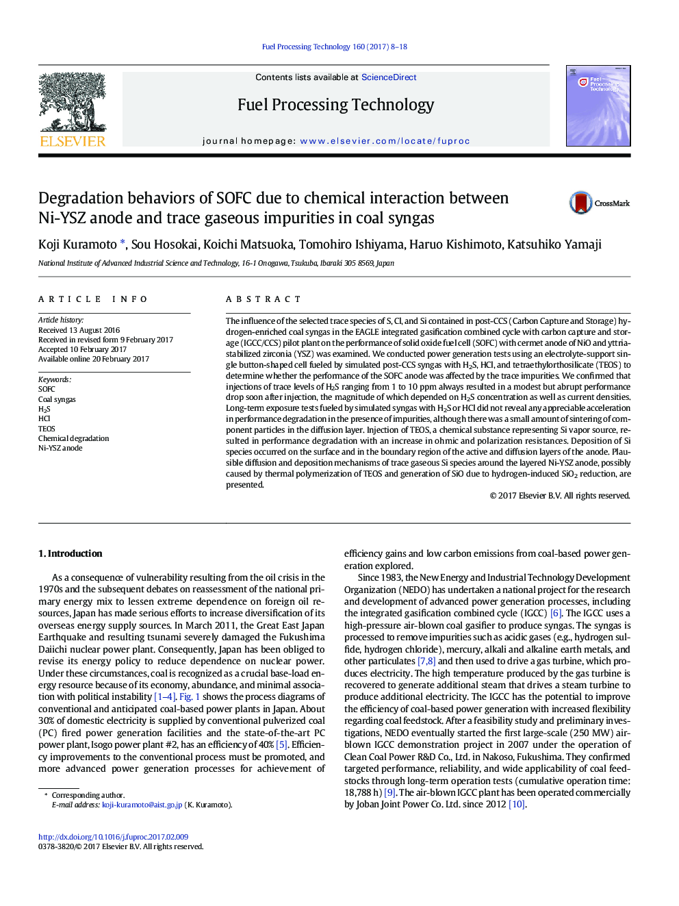 Degradation behaviors of SOFC due to chemical interaction between Ni-YSZ anode and trace gaseous impurities in coal syngas