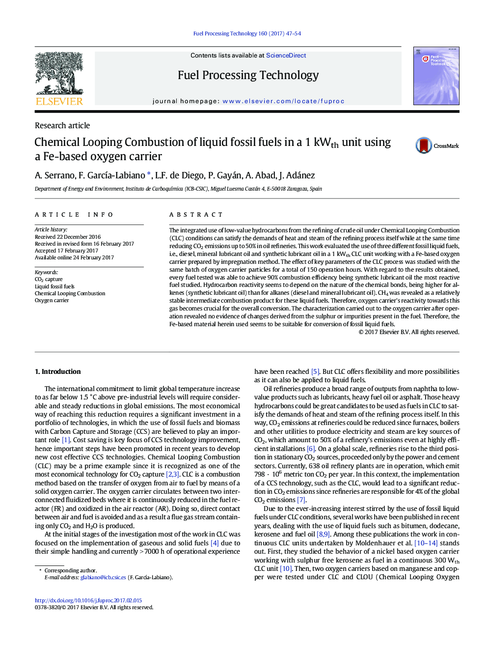 Chemical Looping Combustion of liquid fossil fuels in a 1 kWth unit using a Fe-based oxygen carrier