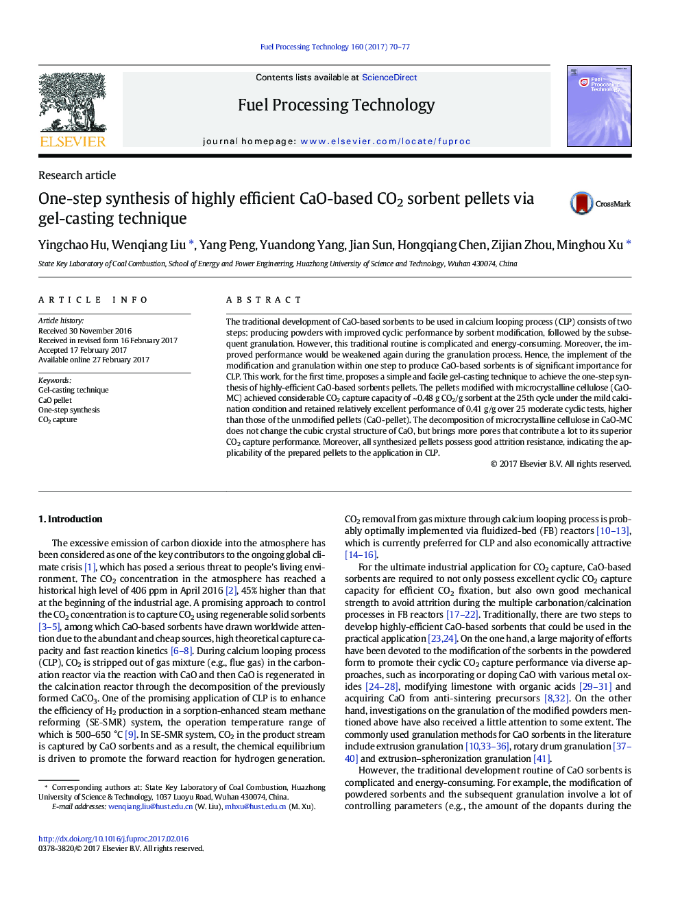 One-step synthesis of highly efficient CaO-based CO2 sorbent pellets via gel-casting technique