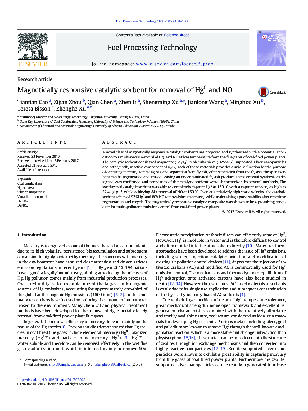 Magnetically responsive catalytic sorbent for removal of Hg0 and NO