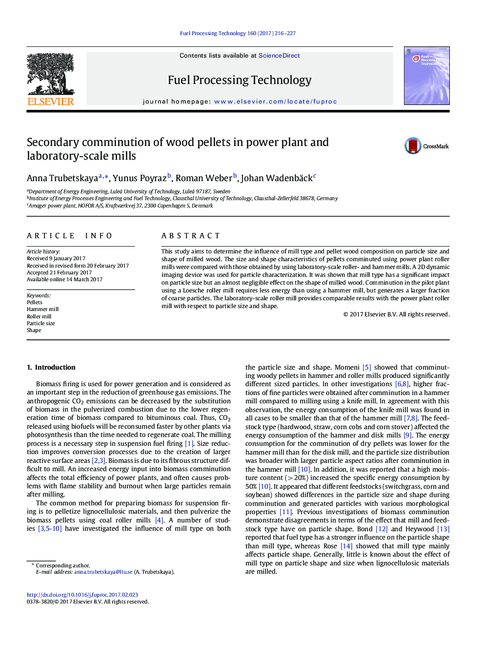 Secondary comminution of wood pellets in power plant and laboratory-scaleÂ mills