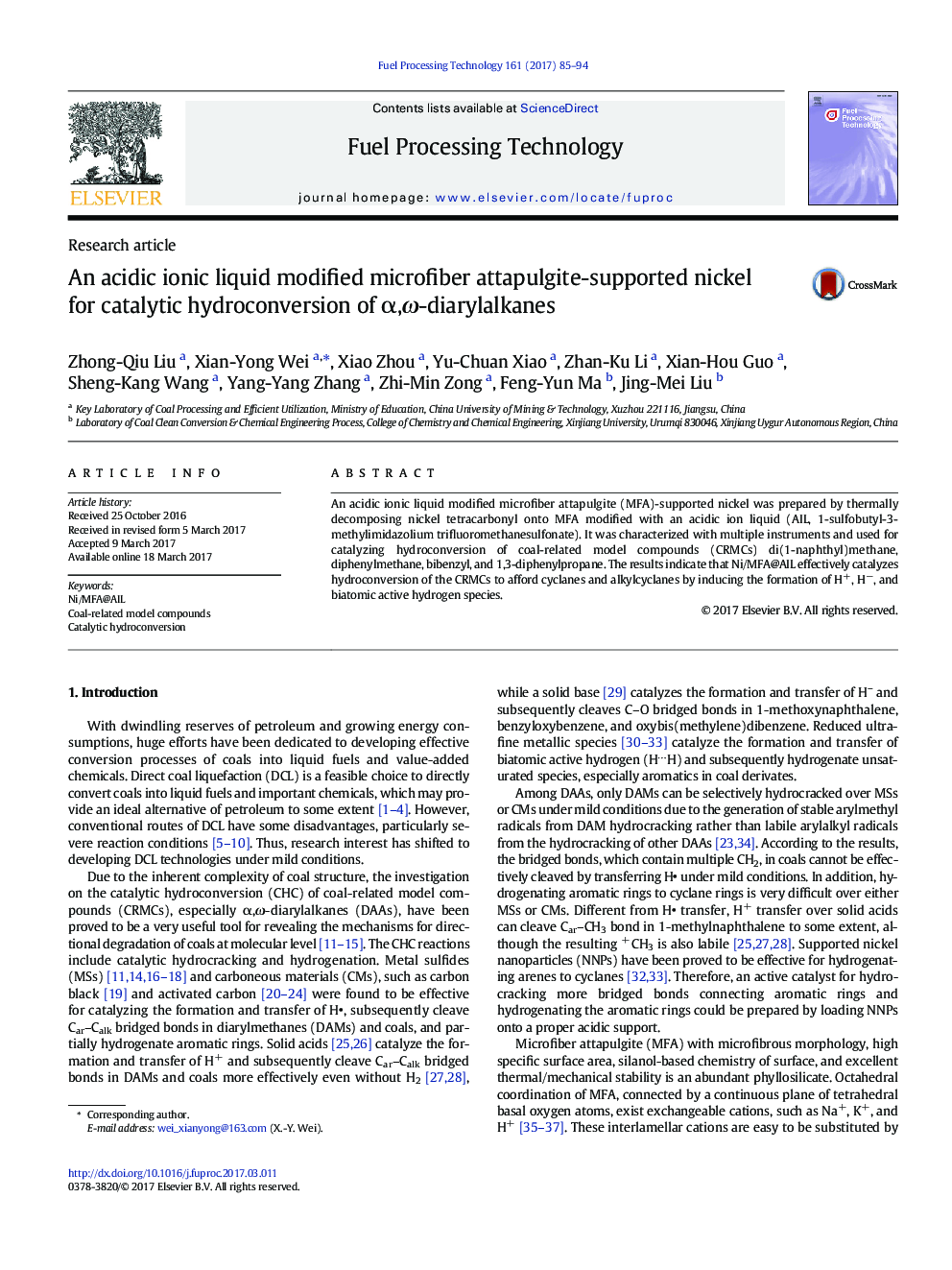 An acidic ionic liquid modified microfiber attapulgite-supported nickel for catalytic hydroconversion of Î±,Ï-diarylalkanes