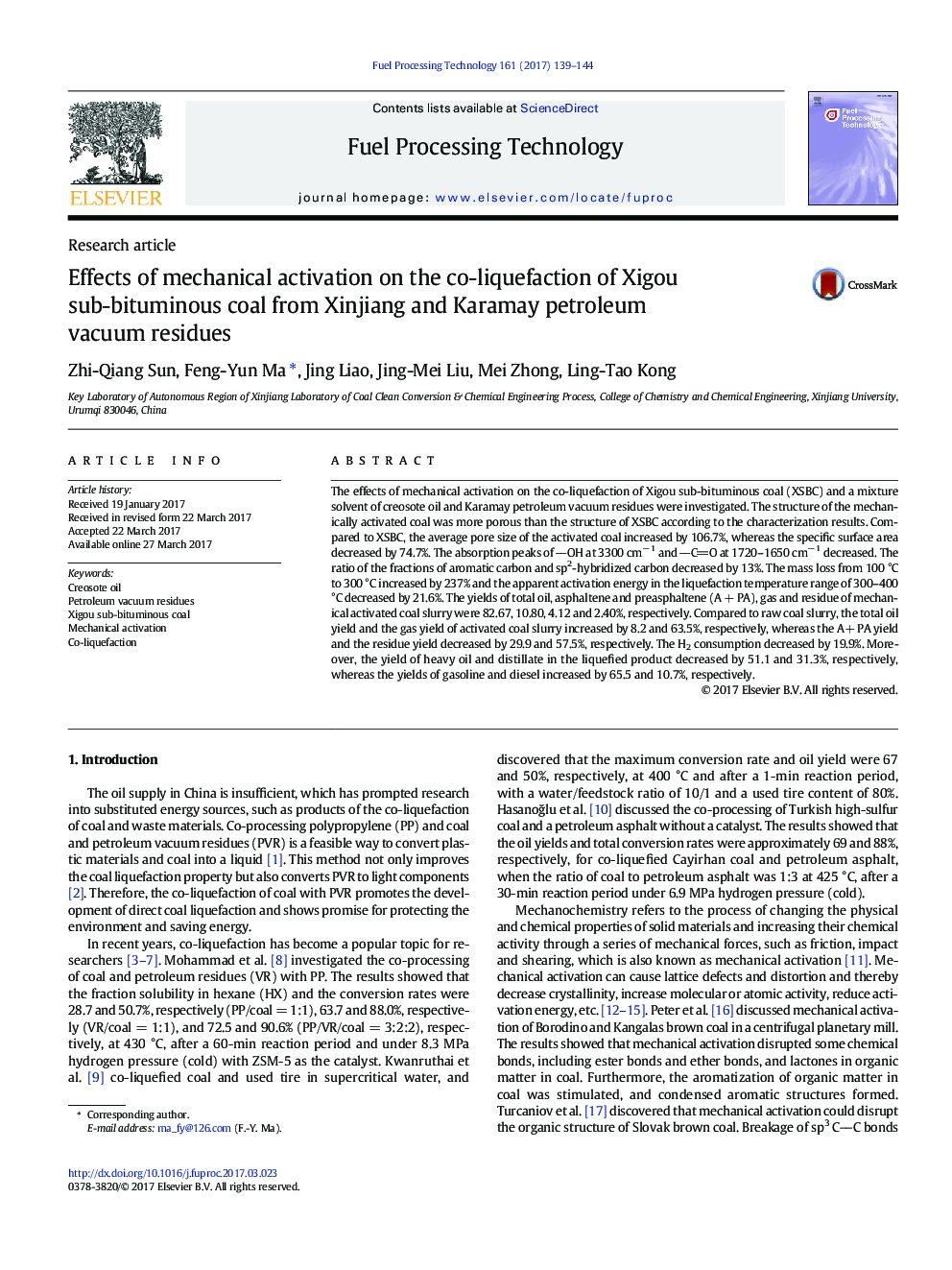 Effects of mechanical activation on the co-liquefaction of Xigou sub-bituminous coal from Xinjiang and Karamay petroleum vacuum residues