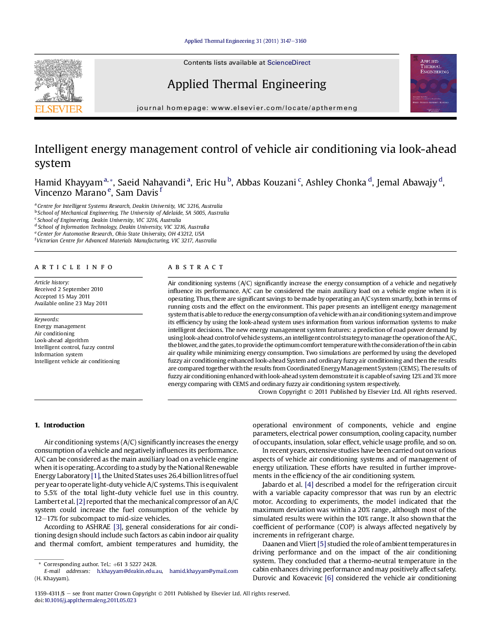 Intelligent energy management control of vehicle air conditioning via look-ahead system