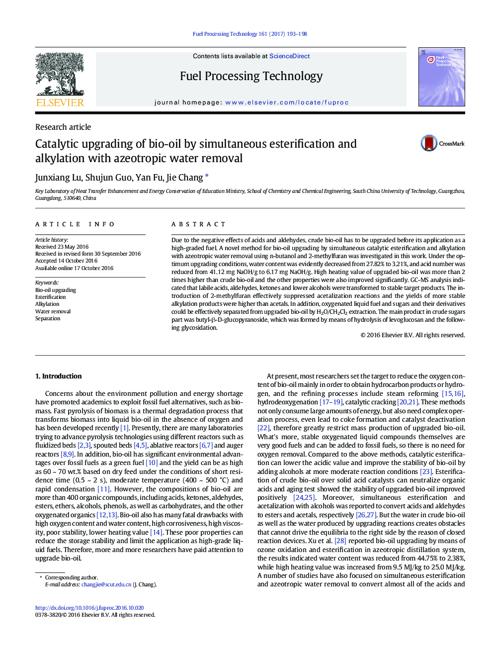 Catalytic upgrading of bio-oil by simultaneous esterification and alkylation with azeotropic water removal