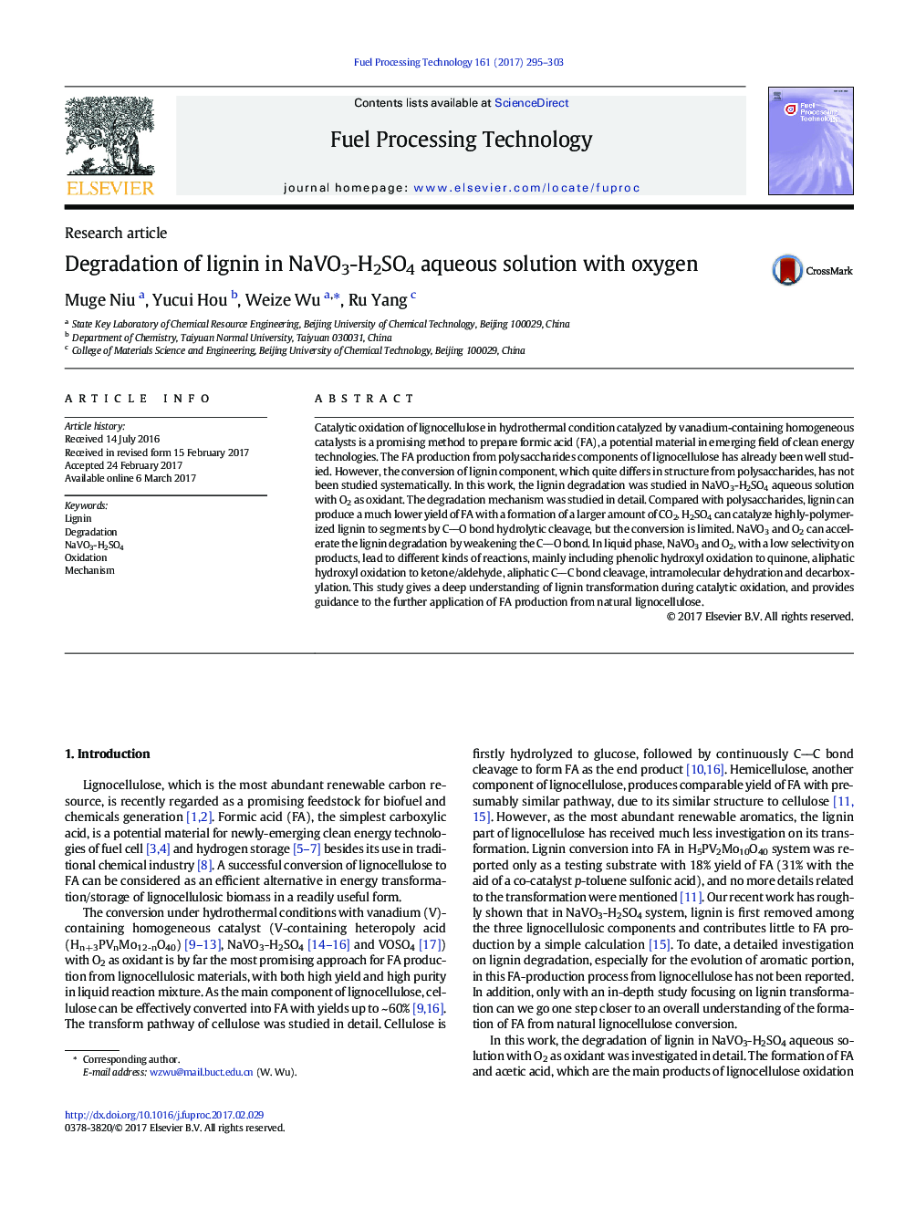عکس صفحه اول مقاله: Degradation of lignin in NaVO3-H2SO4 aqueous solution with oxygen Degradation of lignin in NaVO3-H2SO4 aqueous solution with oxygen