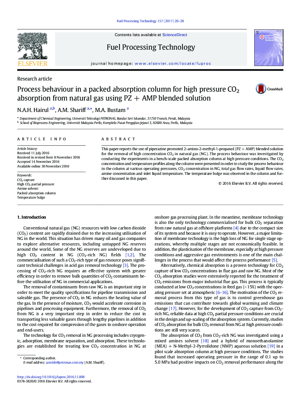 Process behaviour in a packed absorption column for high pressure CO2 absorption from natural gas using PZ + AMP blended solution