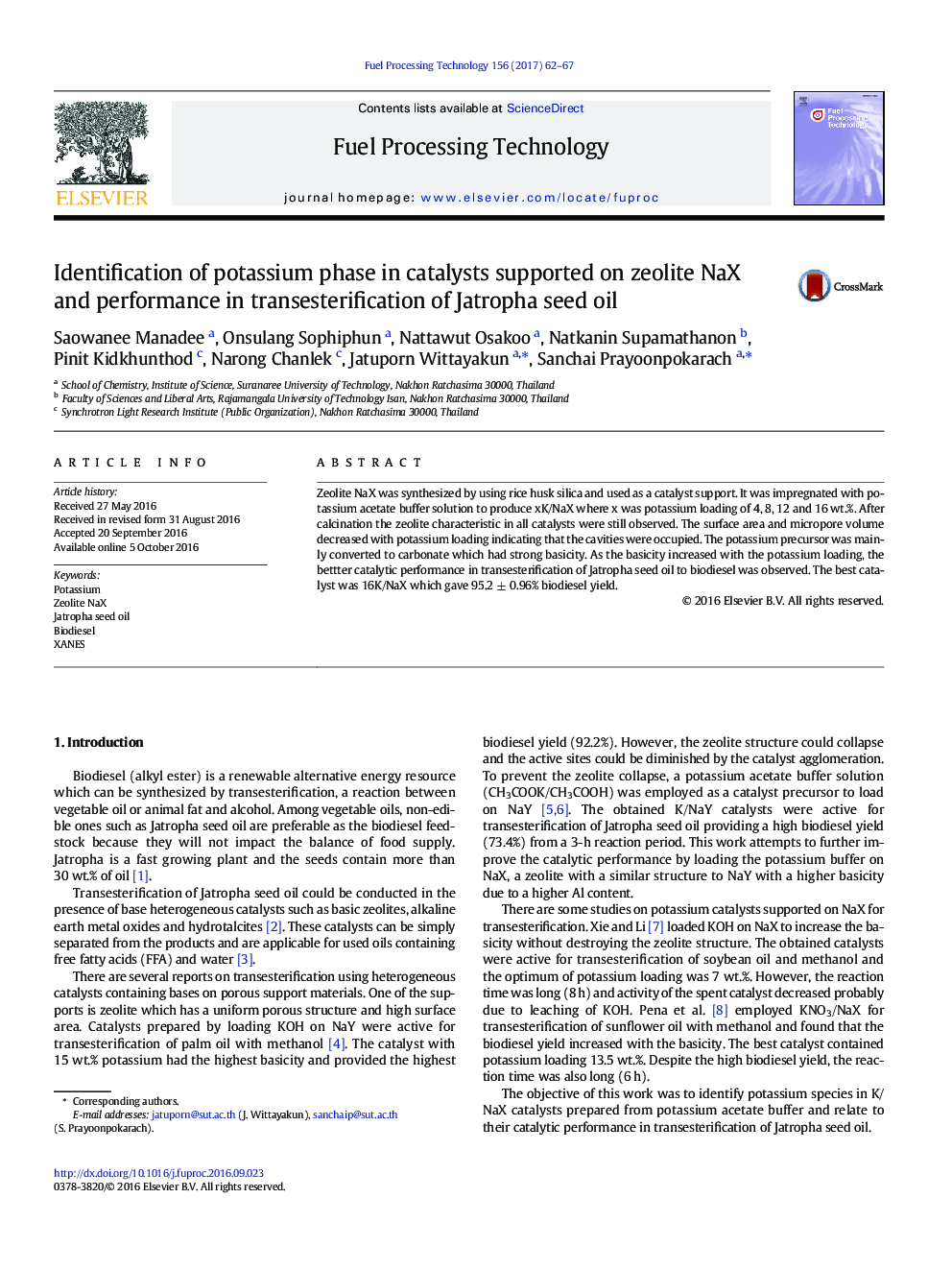 Identification of potassium phase in catalysts supported on zeolite NaX and performance in transesterification of Jatropha seed oil