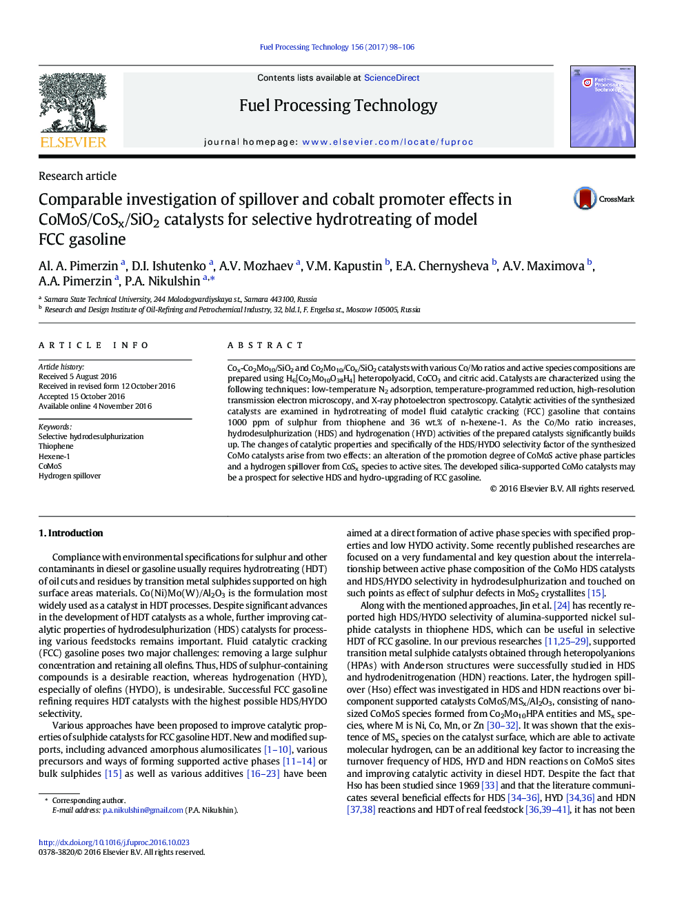 Comparable investigation of spillover and cobalt promoter effects in CoMoS/CoSx/SiO2 catalysts for selective hydrotreating of model FCC gasoline