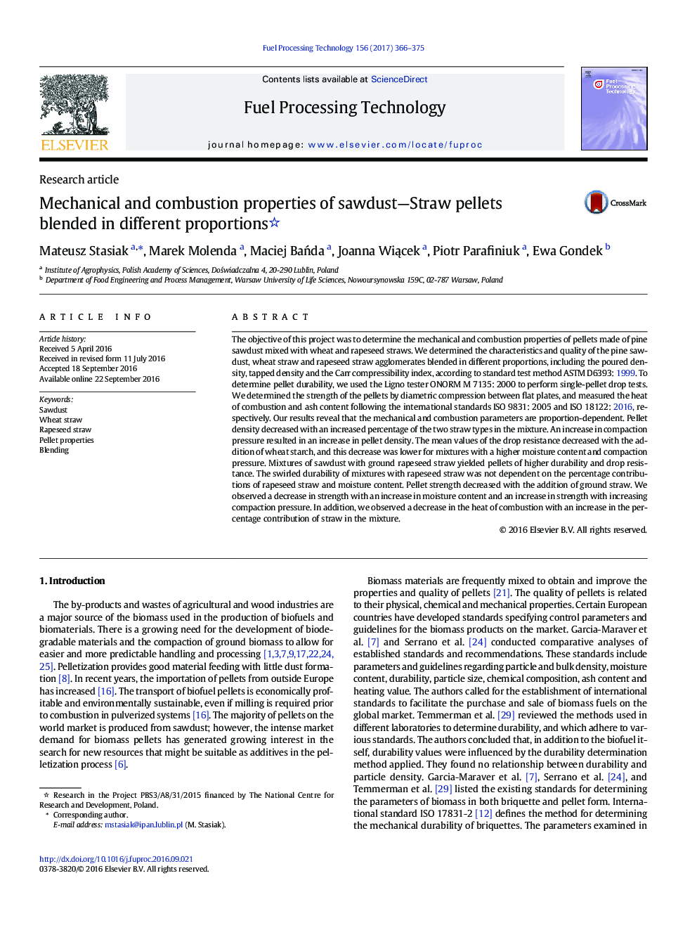 Mechanical and combustion properties of sawdust-Straw pellets blended in different proportions