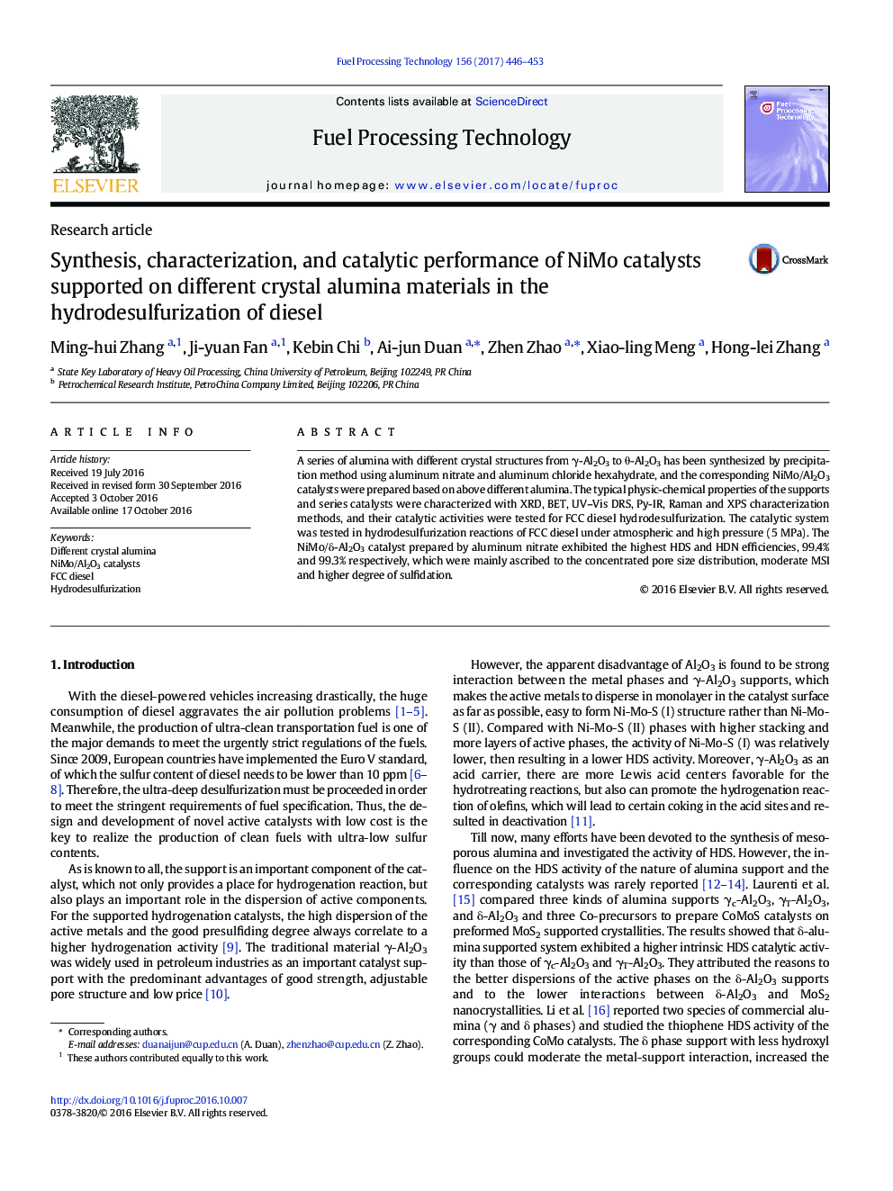 Synthesis, characterization, and catalytic performance of NiMo catalysts supported on different crystal alumina materials in the hydrodesulfurization of diesel